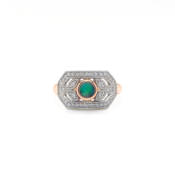 Art Deco Radiance: 14ct Rose & White Gold Black Opal & Diamond Ring