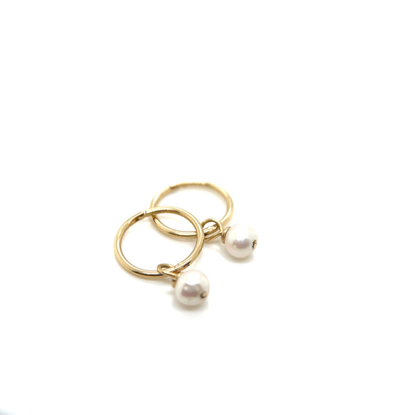 Tiny Yellow Gold Pearl Hoops