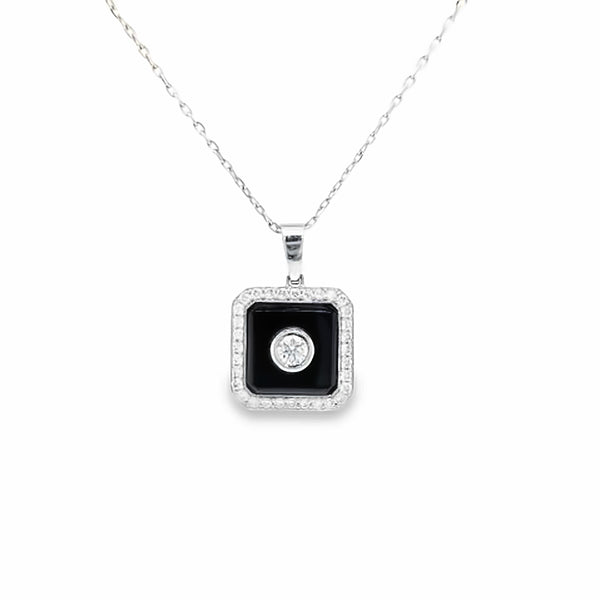 White Gold Onyx and Diamond Halo Pendant