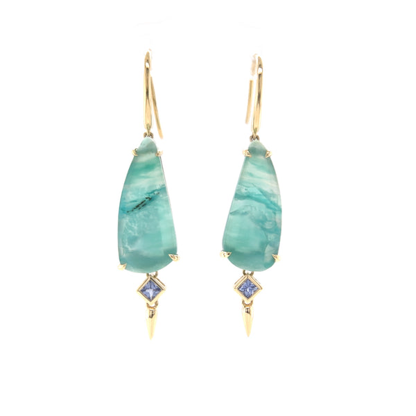 9ct Yellow Gold Indonesian Blue Opal and Ceylon Sapphire Drop Earrings-Mosaic Collection