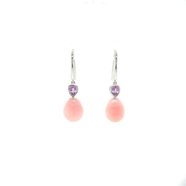 White Gold Pink Opal and Pink Sapphire Tear Drop Earrings-Mosaic Collection