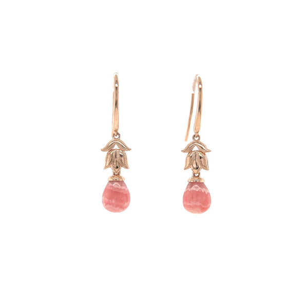 Rose Gold Banded Rhodocrosite Tear Drop Earrings with Tulip Millgrain Detail-Mosaic Collection
