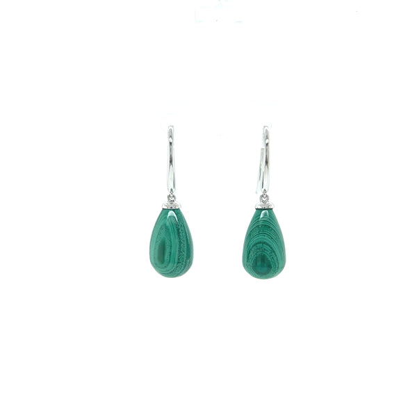 9ct White Gold Malachite Polished Tear Drop Earrings-Mosaic Collection