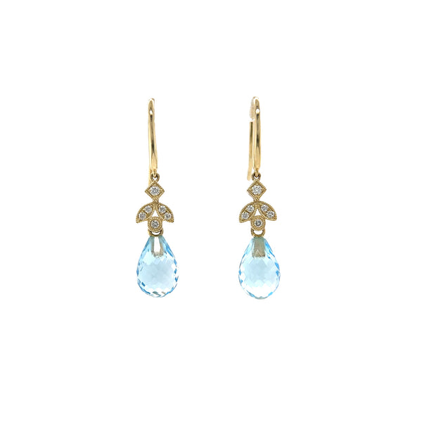 Yellow Gold Blue Topaz Briolette Art Deco Style Drop Earrings with Diamonds-Mosaic Collection