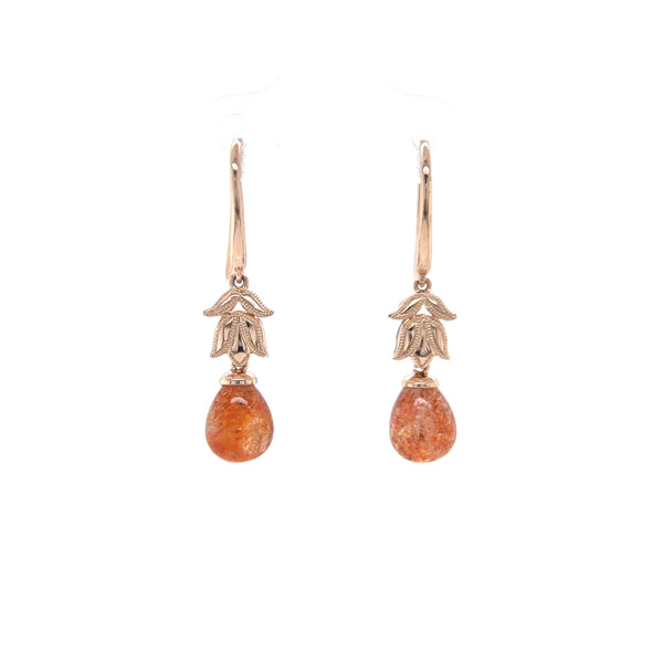 Rose Gold Sunstone Tear Drop Earrings with Tulip Millgrain Detail-Mosaic Collection