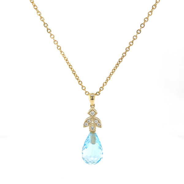 Yellow Gold Blue Topaz Briolette Art Deco Style Pendant with Diamonds-Mosaic Collection