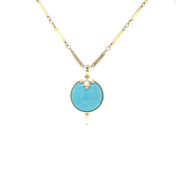 Yellow Gold American Sleeping Beauty Turquoise Pendant with Pearl Overlay-Mosaic Collection