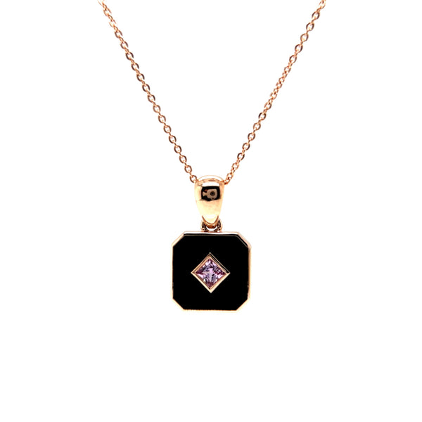 Rose Gold Pink Sapphire Madagascar Princess Cut Pendant with Octagon Onyx