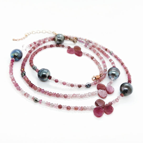 9ct Rose Gold Tourmaline, Topaz &amp; Tahitian Pearl Necklace (80–85cm)