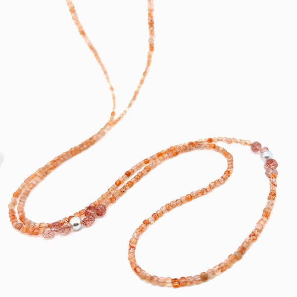 9ct Yellow Gold Sunstone, Strawberry Quartz & Akoya Pearl Necklace (85cm)
