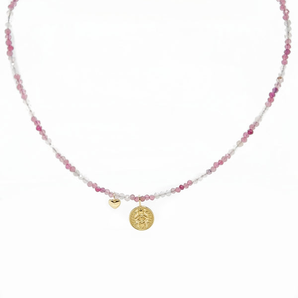 9ct Yellow Gold Rose Quartz, Pink Tourmaline & Evil Eye Charm Necklace (42cm)