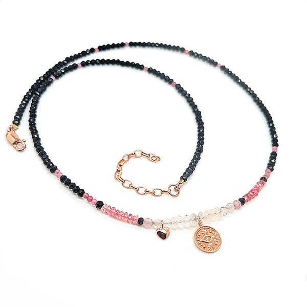 Mystic Blush: 9ct Rose Gold Spinel, Tourmaline, Morganite & Charm Necklace (42–46cm)