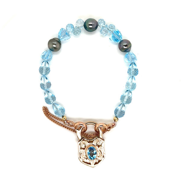 Blue Topaz & Tahitian Pearl Gold Padlock Vivid Bracelet