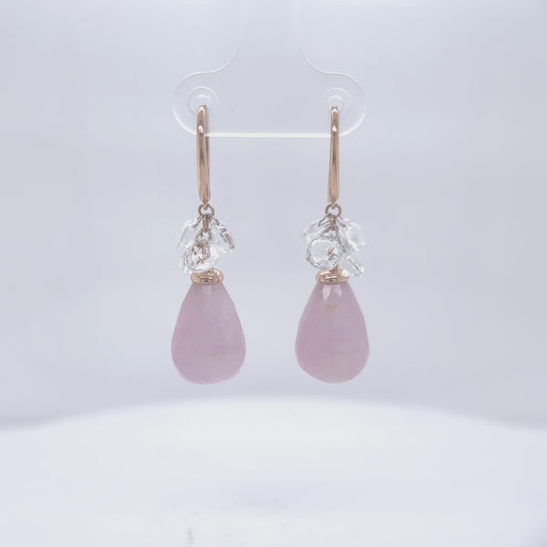 Rose and White Gold Kunzite Tear Drop Earrings with White Topaz Briolettes