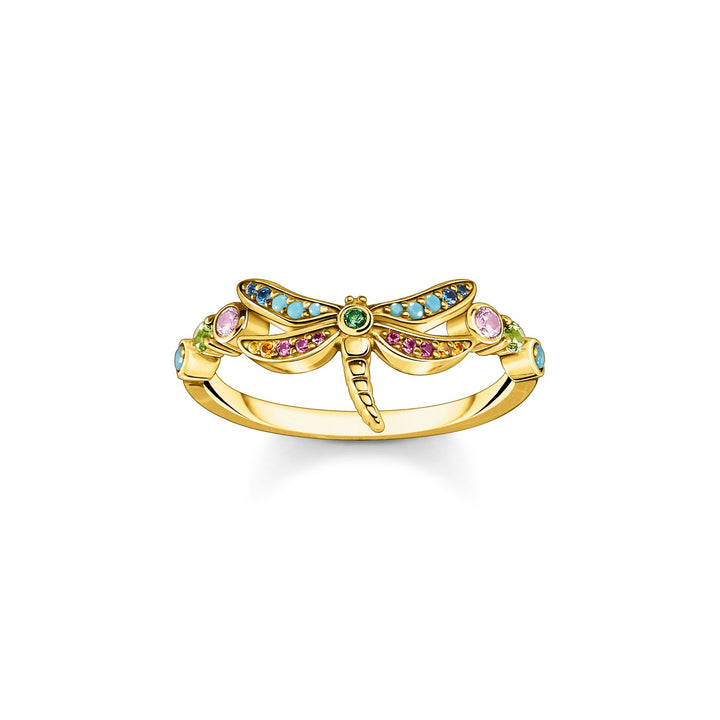 Ring dragonfly with coloured stones gold